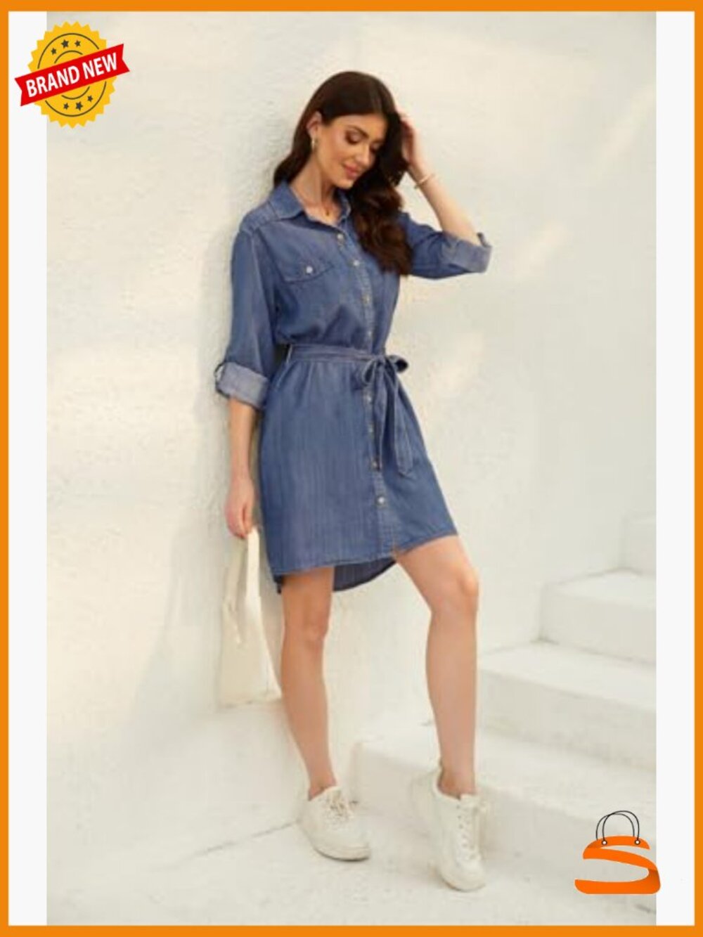Women's Casual Button Down Jean Shirt Dress Long Sleeve Tie Waist Lightweight - Picture 7 of 7